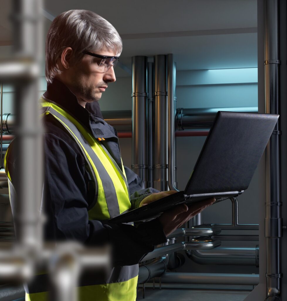 Worker in chemical plant. Male engineer with laptop. Gray-haired man in room with pipes. Chemical factory specialist. Experienced man controls industrial production. Factory employee career
